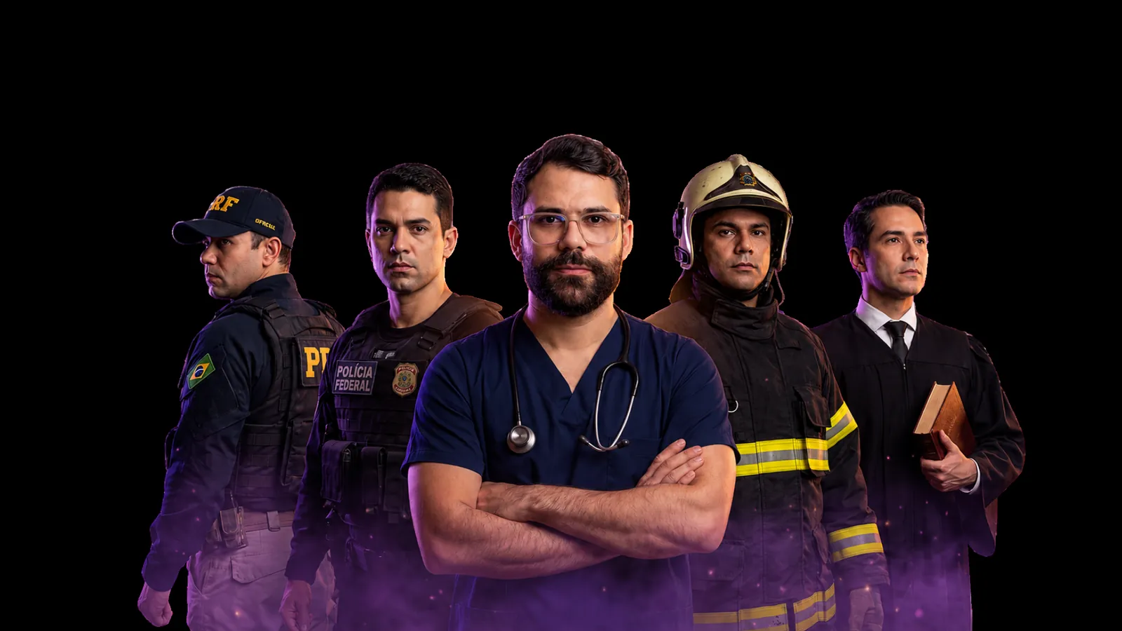 Cinco profissionais: médica, policial, militar, advogada e estudante